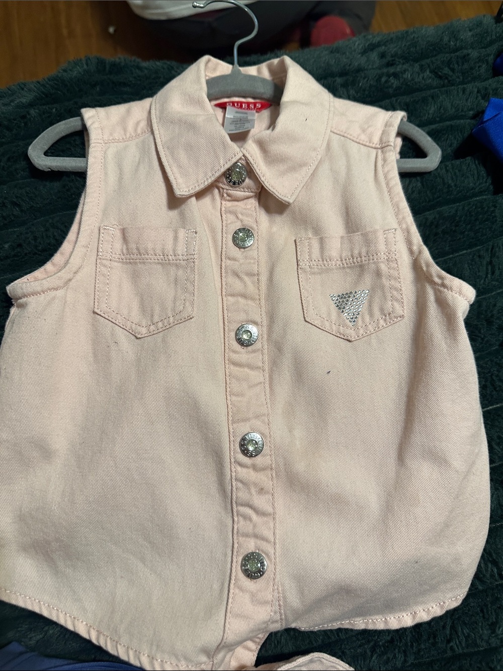 Guess Girls Pale Pink Sleeveless Denim Button-Up Top